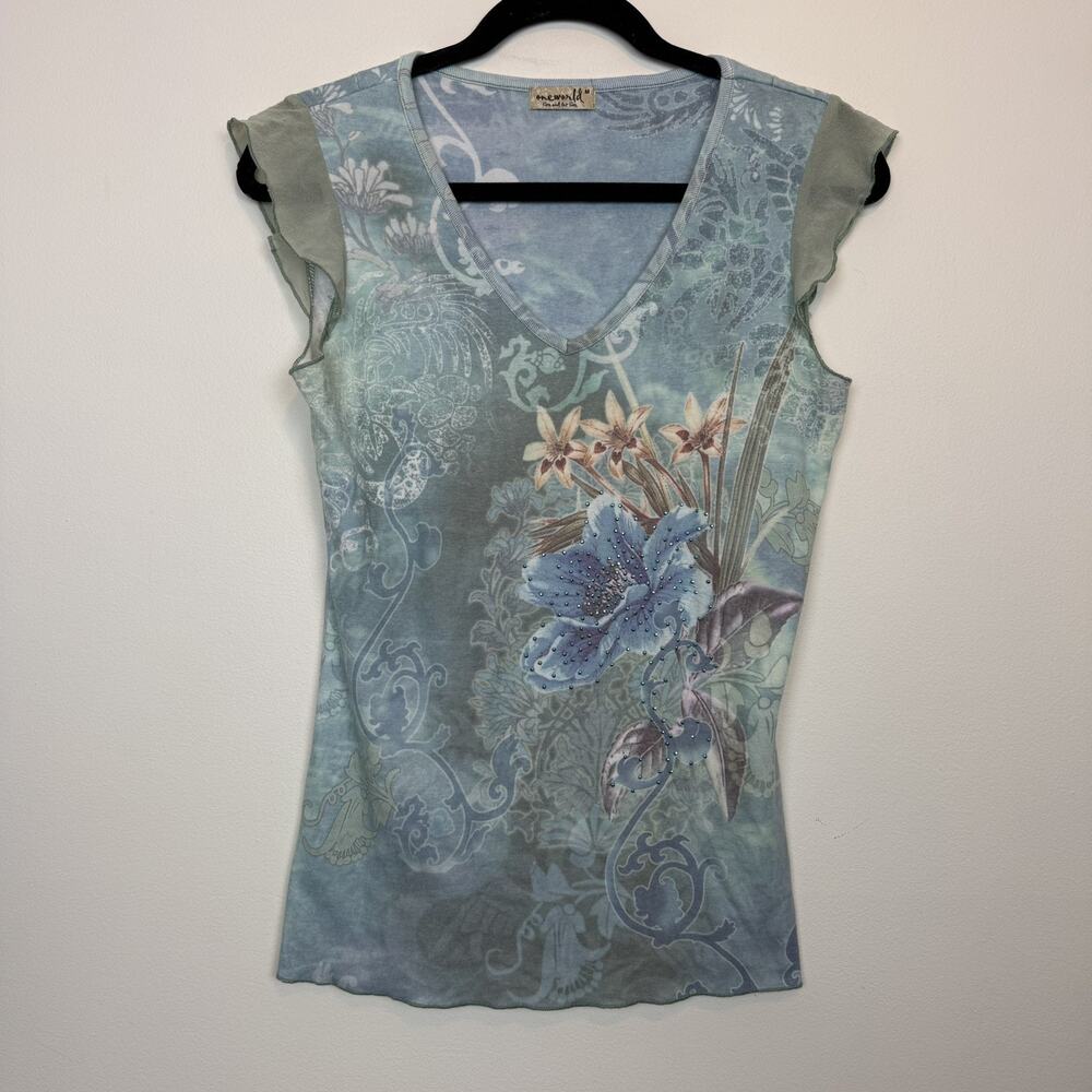 Vintage y2k One World rhinestone tshirt fairy boho SM summer flutter sleeve